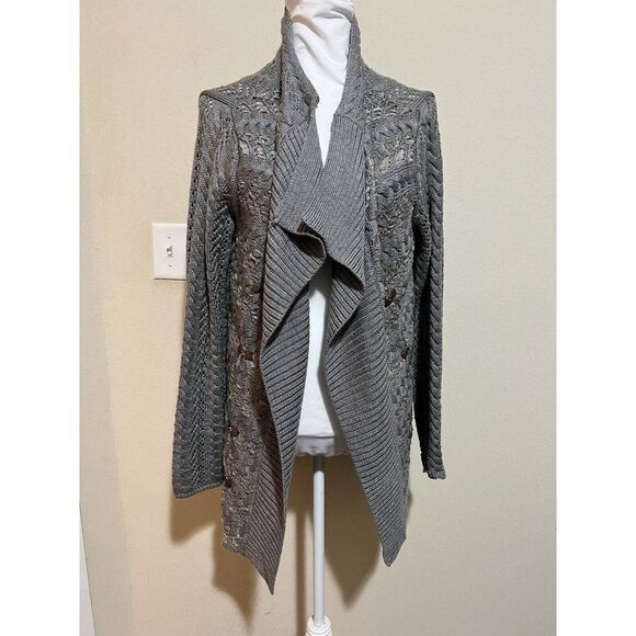 COLDWATER CREEK Gray Waterfall Cardigan Open Wool Chunky Sweater WOMENS Lg - Picture 2 of 10